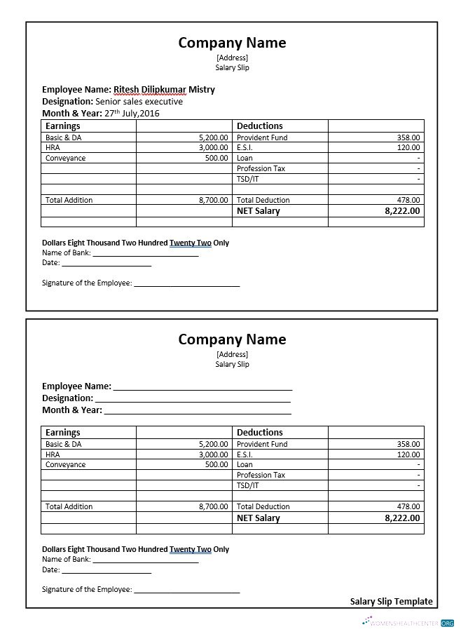 Download senior sales executive salary slip Word and PDF template screen Photoshop template